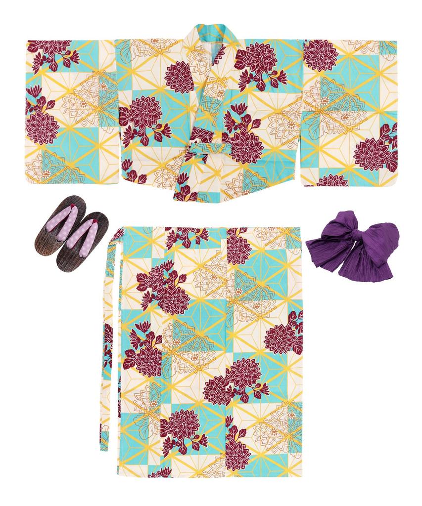 Yukata Two Change 3 Piece Set Heiko Junior Girls [KYOETSU] Set, Yukata, Parts, Girls, Unbleached, Weave, (Yukata, Obi, Geta), (2.Shadow Chrysanthemum,