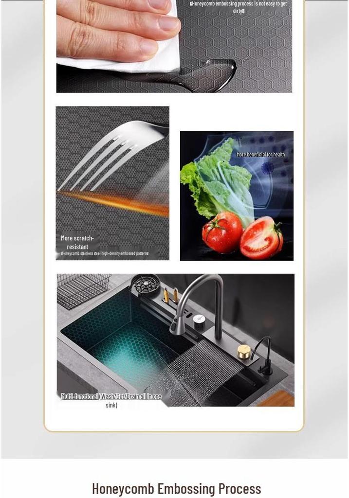 Stainless Steel Kitchen Sink with Large Single Bowl, Honeycomb Design, and Waterfall Knife Holder for Vegetable and Dish Washing