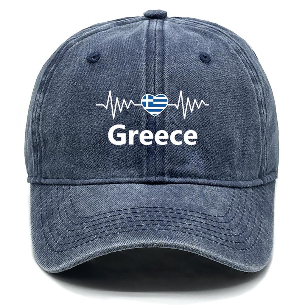 Heart Wave Greece Flag Print Snapback Sun Hat, Patriotic Mesh Hat Inelastic All-season Solid Color Fit Adjustable Baseball Cap
