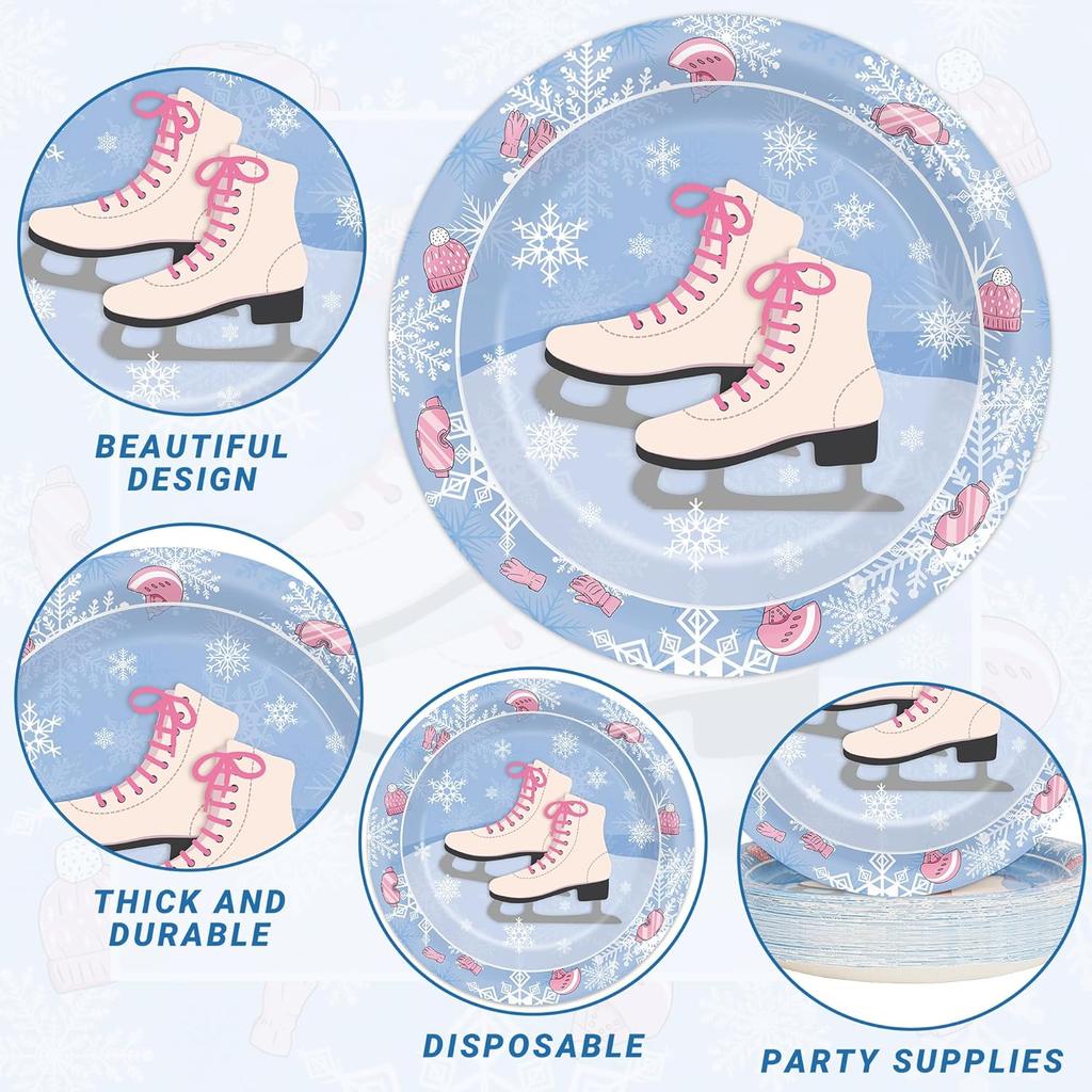 100 Pieces Roller Ice Skating Party Plates Napkins Skating Tableware Set Winter Party Skate Dinnerware Disposable Paper Dessert Plates Napkins for