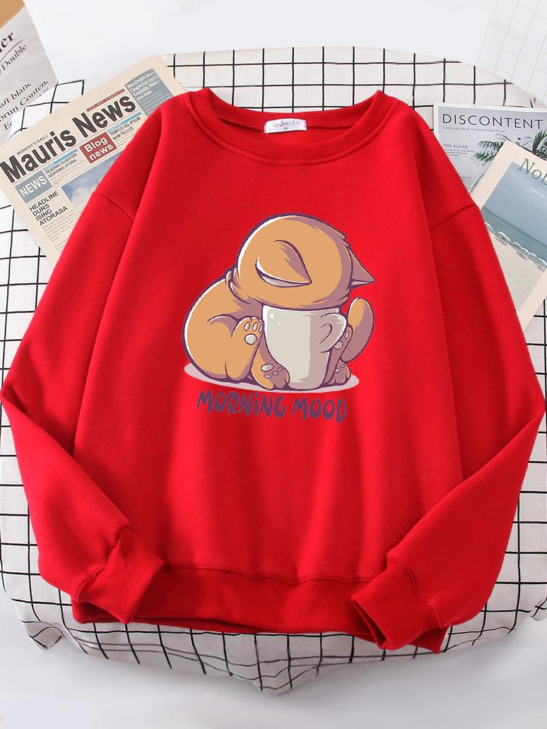 

Кошка смотрит на чашку Милый свитшот Женская мода Флисовое худи с круглым вырезом Повседневные худи Пуловер Оверсайз Спортивная одежда M