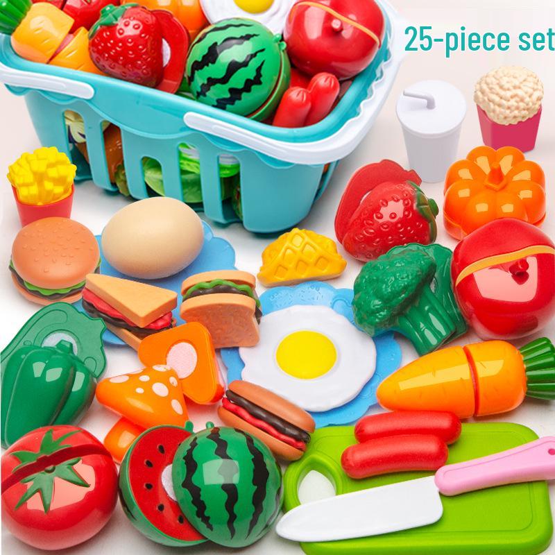 Kids' Pretend Play Kitchen & Shopping Cart Set with Cuttable Fruit and Veggies