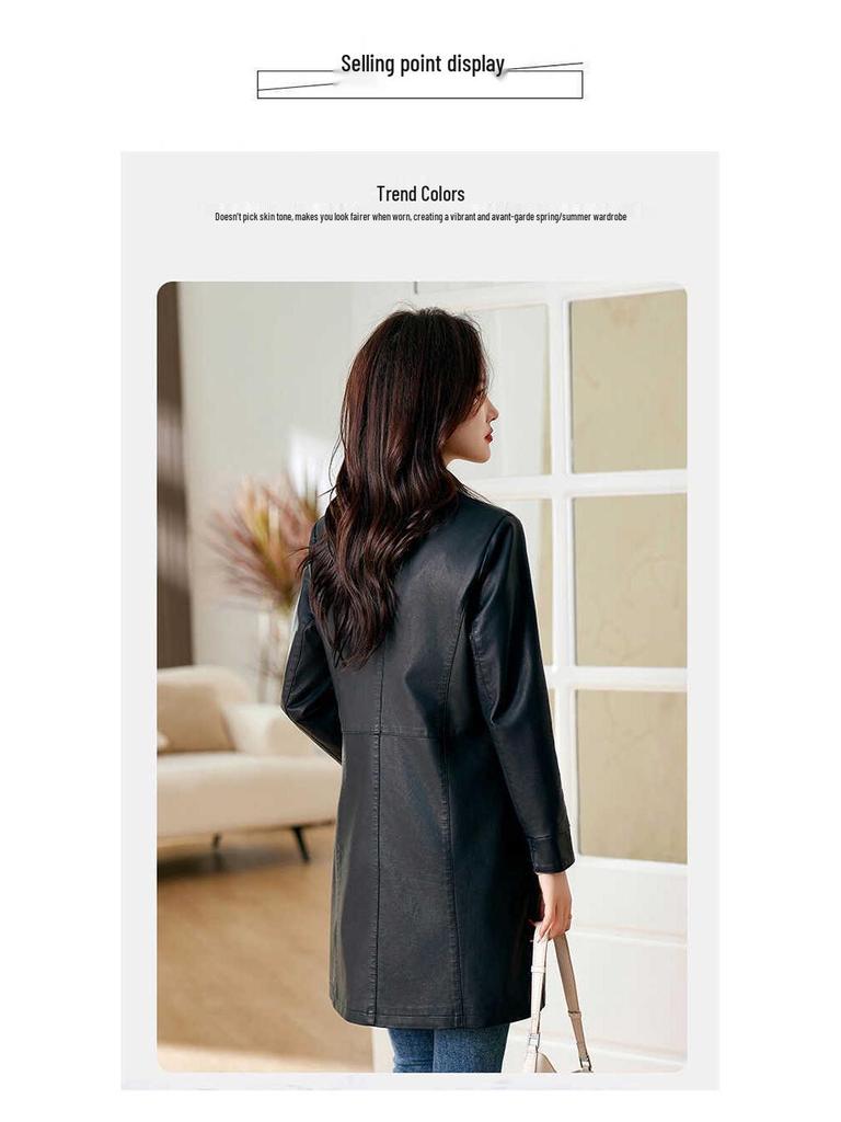 Women's High-End Slimming Lambskin Leather Jacket - Mid-Length Coat for Spring and Autumn