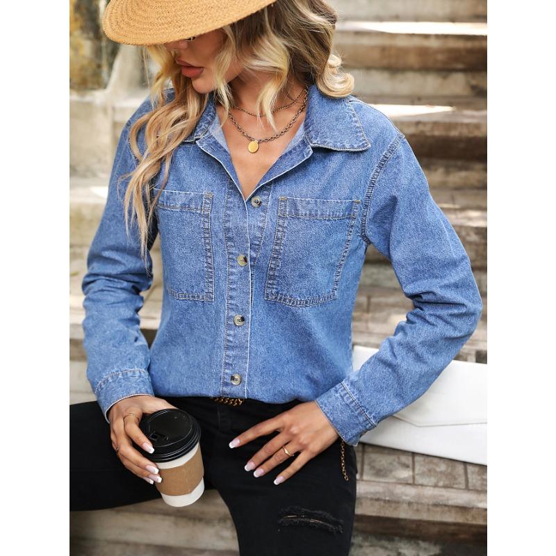 Women's European and American INS Loose Washed Blue Denim Shirt Jacket