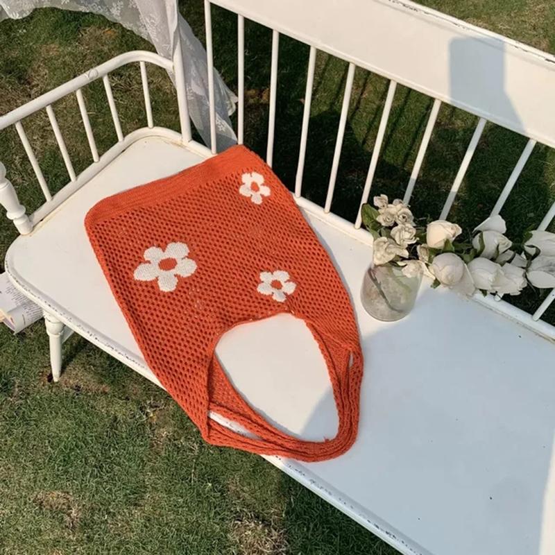 Yogodlns Fashion Sweet Flower Knitted Hollow Tote Bag Large Capacity Shopping Bag Ladies Simple Retro Shoulder Bag Handbag for Women