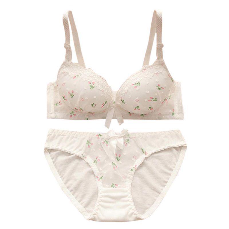BH-Sets mit Print-Schleife und Spitze aus Baumwolle für Damen, umwandelbar, Push-Up-Dessous-BH, Bügel-BH und Höschen-Set, Unterwäsche-Sets