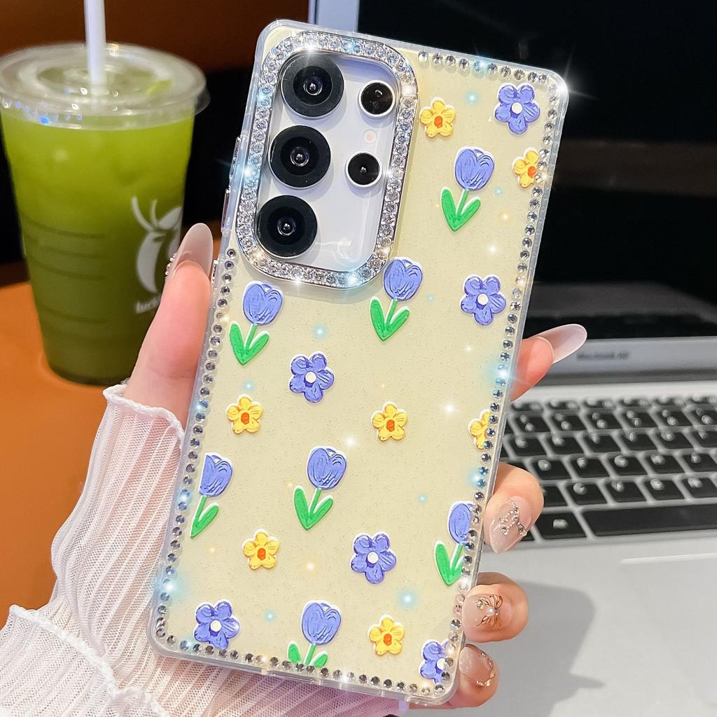 Samsung S25Ultra Mobile Phone Case Flash Drill S24FE Flower One Line Mirror Bracket A36 Protective Cover
