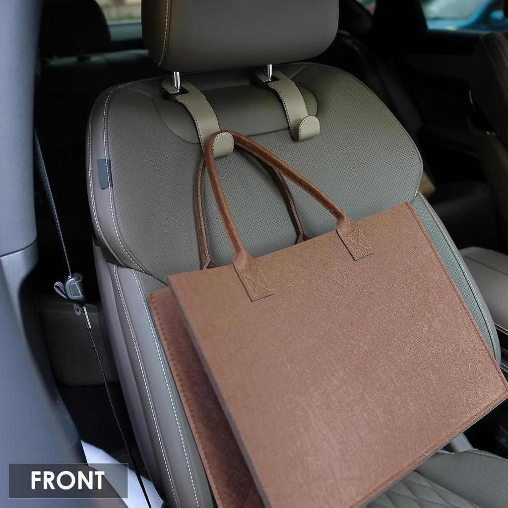 Leather Car Hooks For Headrest - Fully Leather-Wrapped U-Shaped Purse Holder For Car, Flexible Seat Back Organizer & Durable Car Accessories For