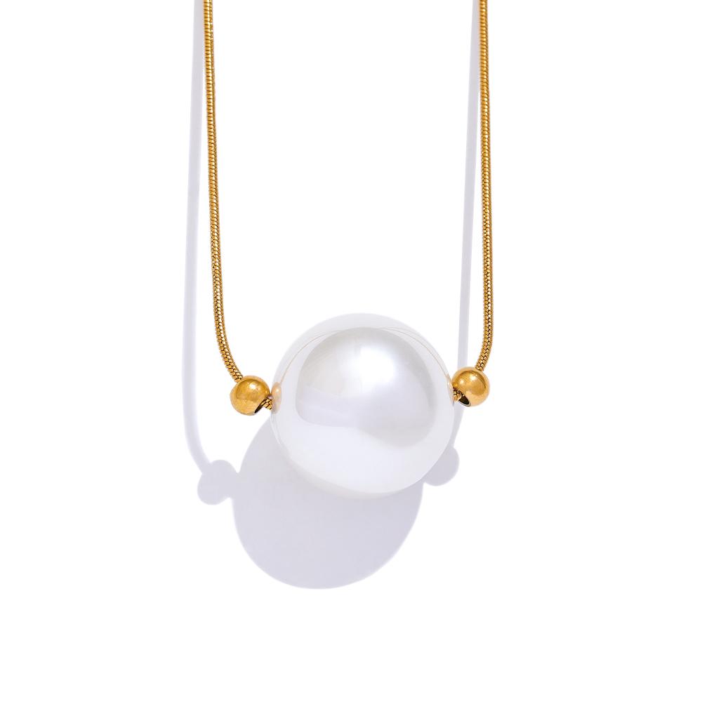 Yhpup 22/17mm Big Imitation Pearls Round Pendant Necklace Stain Less Metal Stainless Steel Korean Wholesale Popular Jewelry