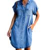 Women Plus Size Denim Dress Knee Length Loose Single Breasted Short Sleeve Irregular Hem Spring Summer Dresses with Pockets