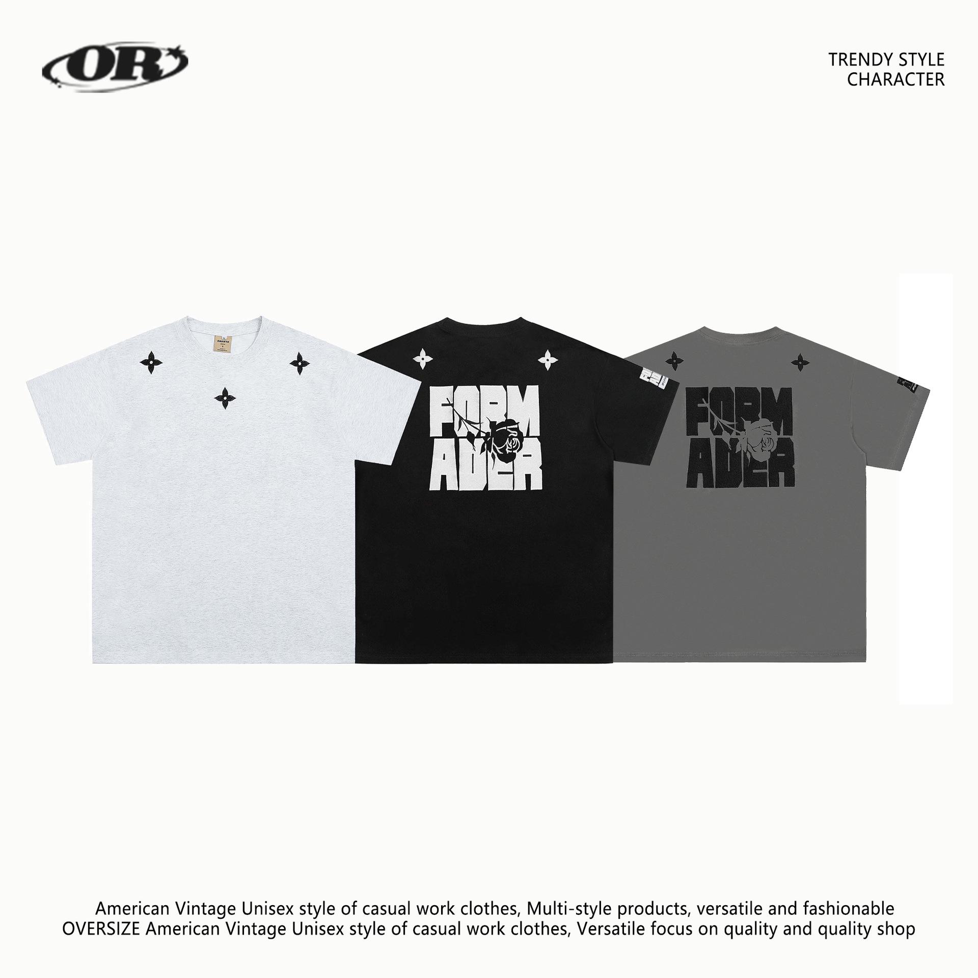 

OREETA Trendy Retro Embroidered Rose T-Shirt, Unisex Loose Fit, Round Neck, Short Sleeves Large хізер сірий колір