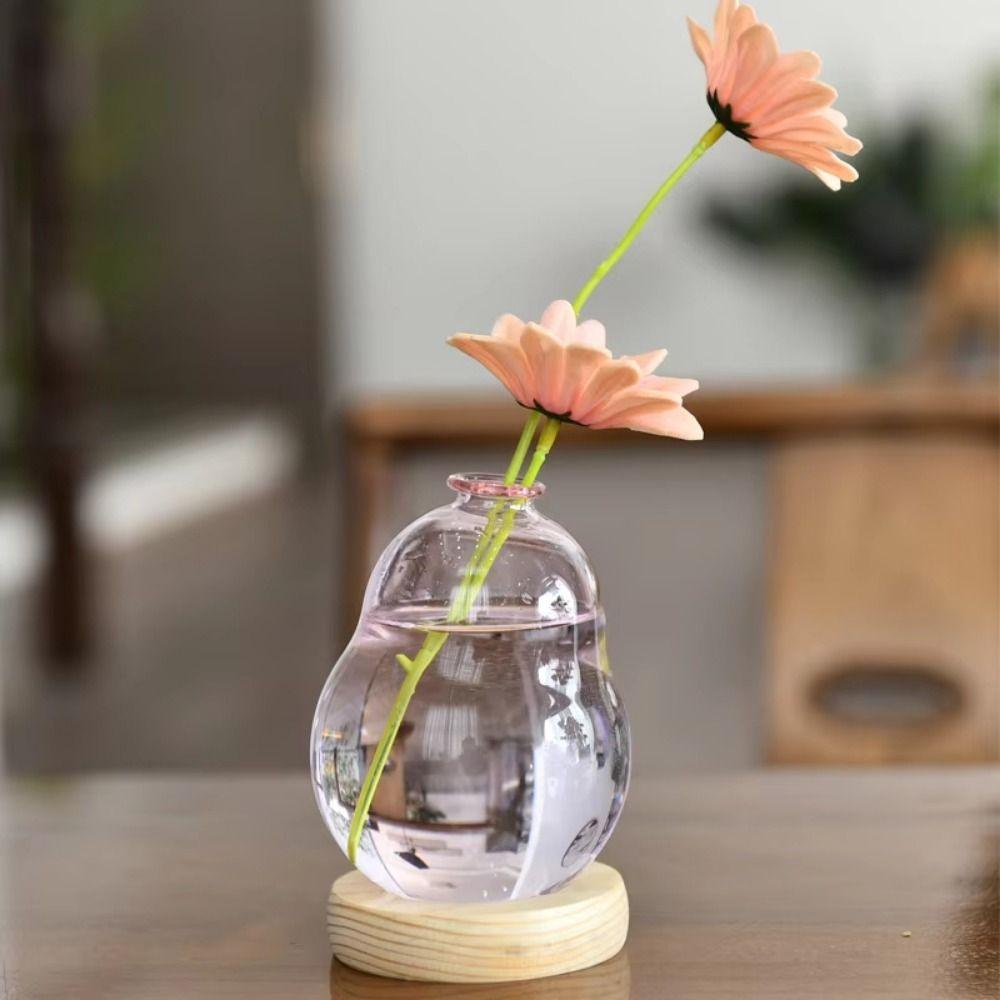 Transparent/Pink Creative Bubble Glass Vase With Wood Base Desktop Decorating Flowerpot  Home
