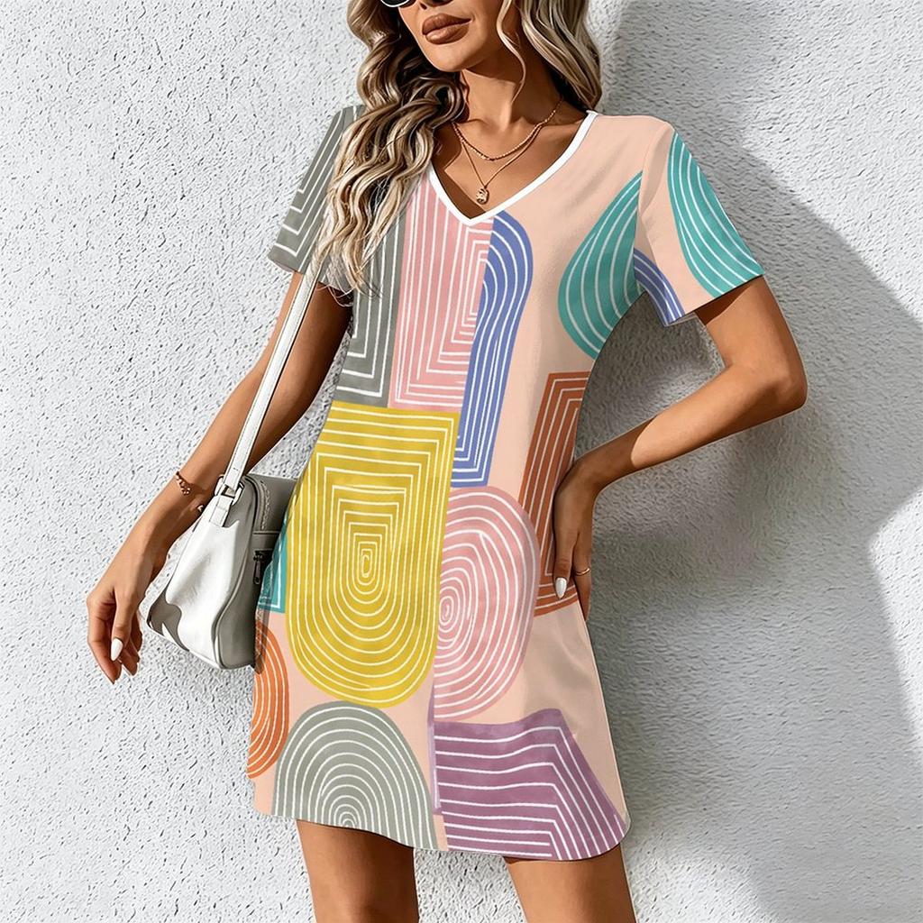 Summer Fashion Women's V Neck Short Sleeve Abstract Pattern  Printed  Dress Sex Short Skirt Dresses