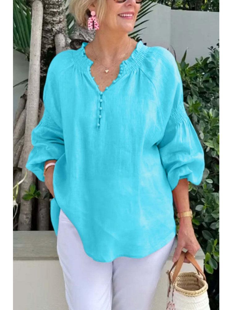 Women’s Polo-neck V-neck Plain Cotton-linen Long-sleeved Casual Top