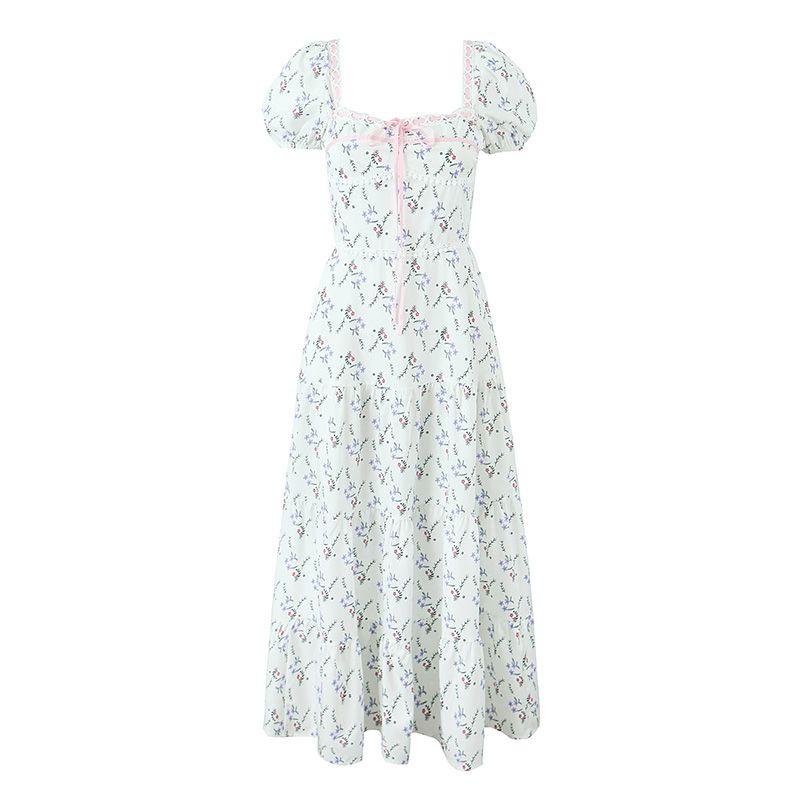 

Yue Xia Camellia Vietnamese Niche French style Sweet Fresh Floral Short dress Lace-up Square Collar Puff sleeve Dress Pink strap Long L