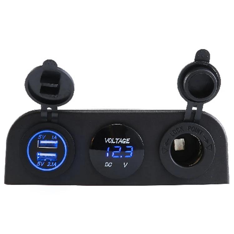 

3 in 1 Tent Base Dual USB Car Charger Socket Power Outlet LED Digital Voltmeter Cigarette Lighter Socket for Truck Car Marine синий