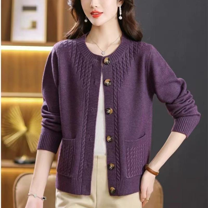 Kardigan s kulatým výstřihem a pleteným vzorem smažených koblih, dámský podzimní a zimní všestranný volný svetr s dlouhým rukávem