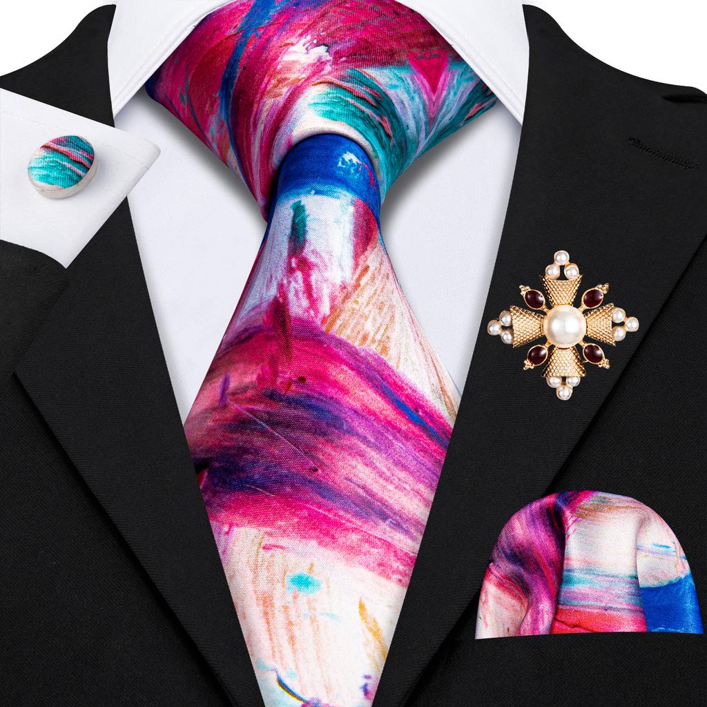 Pearl Brooch with Silk Tie for Men Vintage Floral Teal Necktie Hanky Cufflinks Gift Formal Set