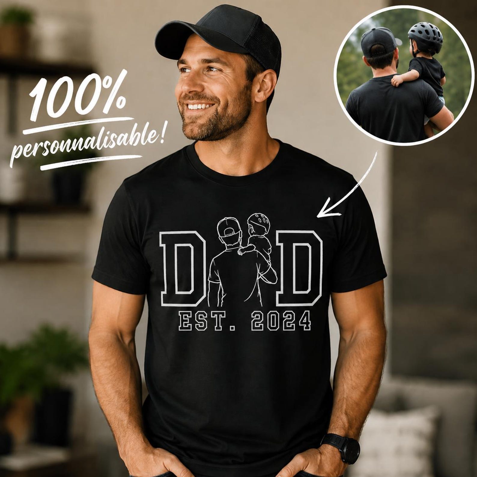 T-Shirt Papa Personnalisé Photo - Cadeau Fête des Pères - Line Art - Je t aime Papa - T-Shirt Famille - Cadeau Papa Original 2026 L