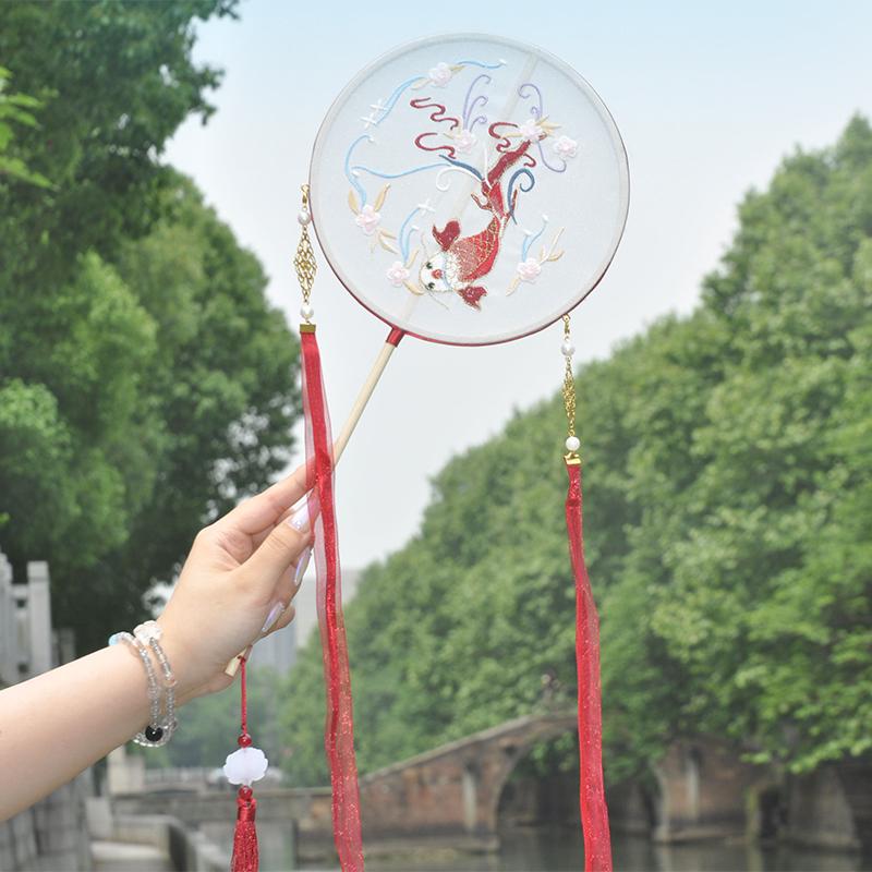 Taneční vějíř - Ručně vyšívaný vějíř s třásněmi pro Hanfu a dětský tanec