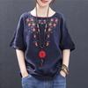 Embroidered Linen Short Sleeved T-shirt for Women In Summer Loose Oversized Retro Original Round Neck Pure Cotton Top for Women Shirts