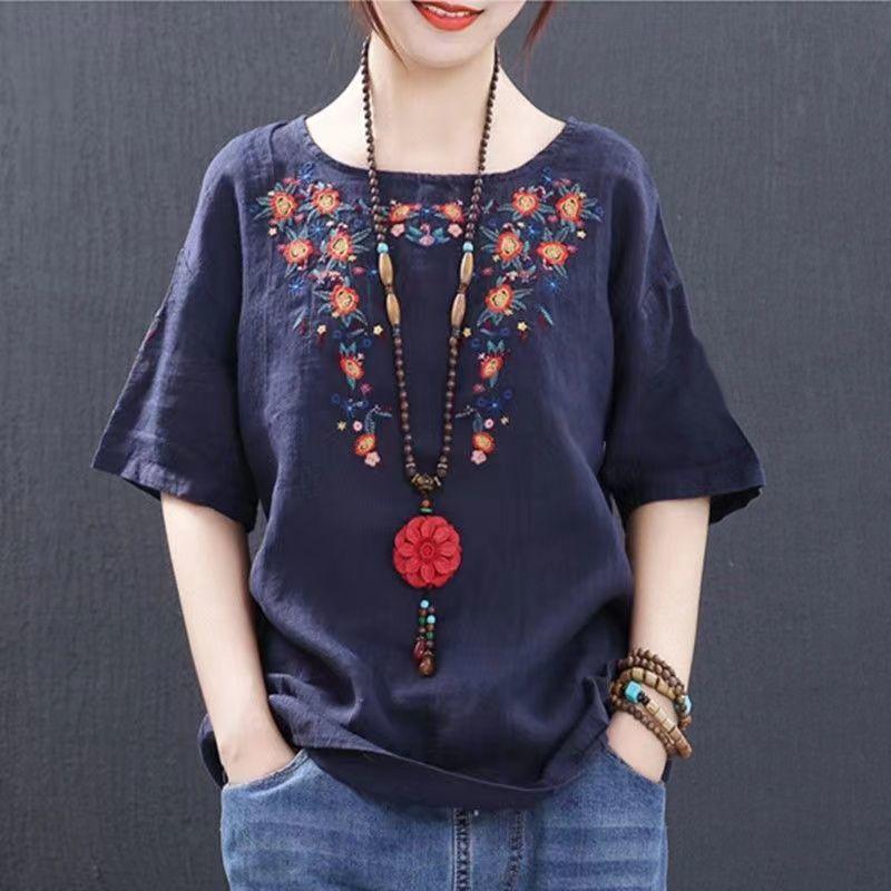 Embroidered Linen Short Sleeved T-shirt for Women In Summer Loose Oversized Retro Original Round Neck Pure Cotton Top for Women Shirts