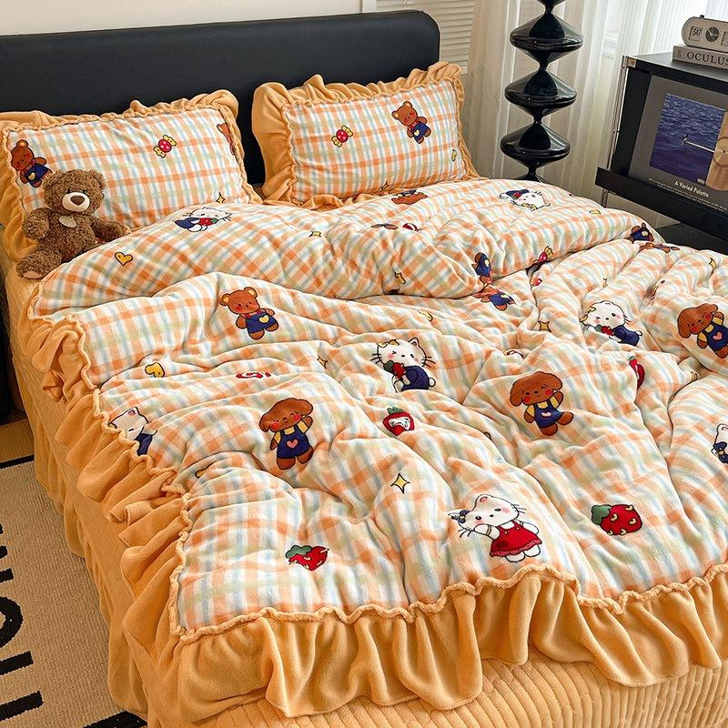 Premium Leopard Print Thickened Milk Fleece Rabbit Plush Lace Bed Cover Four-Piece Warm Double-Sided Fleece Bed Hat