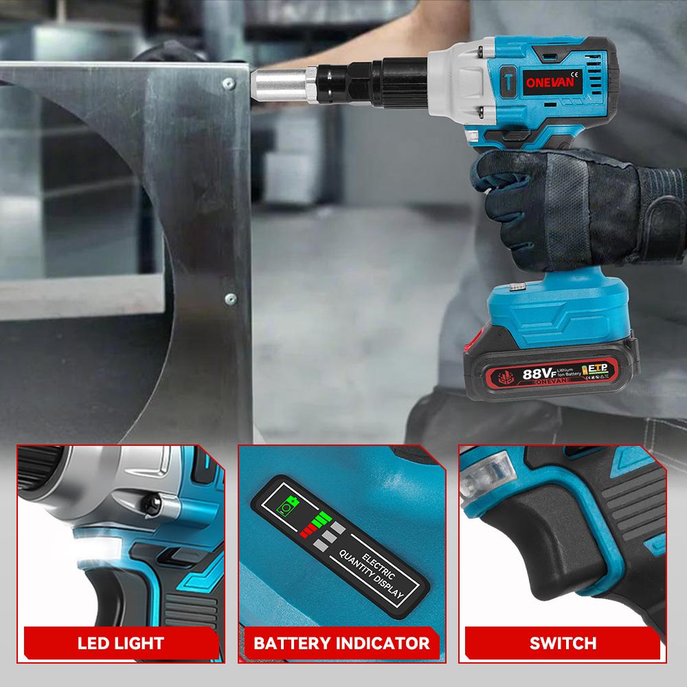 ONEVAN Brushless Electric Rivet Gun Cordless LED Rivet Nut Gun Drill Insert Automatic Riveting Tool For Makita 18V Battery Pin