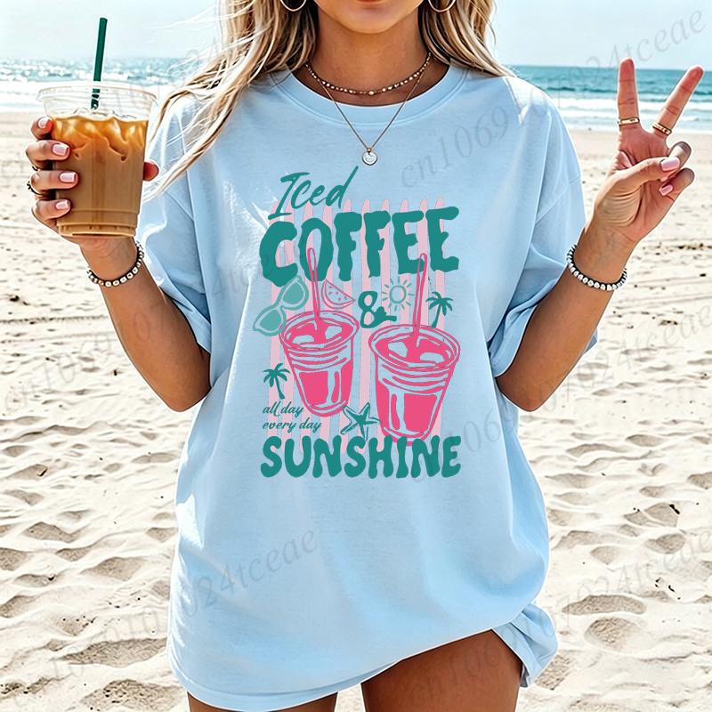 Summer New Fashion T-Shirts Coffee Graphic Women's T-Shirt Sunshine Beach Graphic Clothing Cute Drink Aesthetic Women Tee Tops