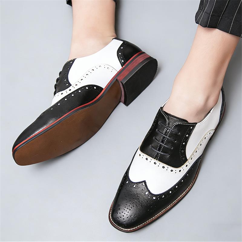 New Designer Men's Pointed Black With White Mixed Patchwork Dress Oxford Shoes Moccasins Wedding Prom Sapato Social Masculino