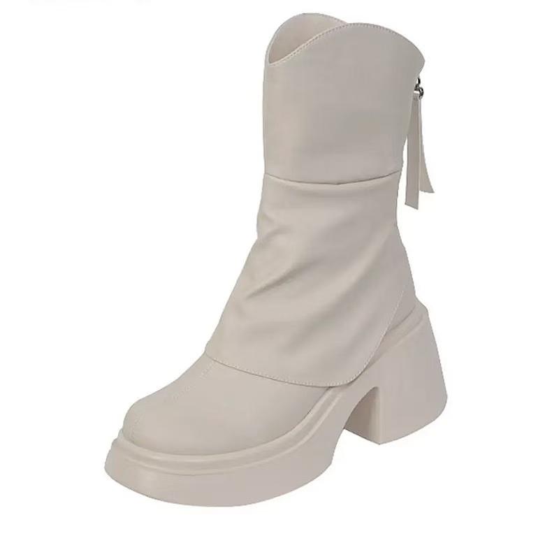 Autumn and Winter New Thick Soled Short Boots for Women, Fashionable Soft Leather Waterproof Height Increasing Slim Boots