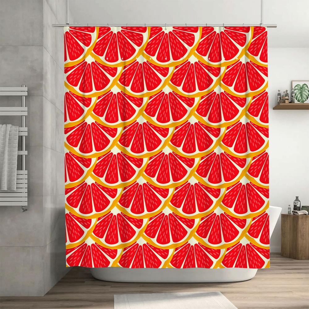 Bold Red Yellow Shower Curtain Decorate Bathroom with Orange Slice Pattern Fabric Bath Mat Waterproof Washable Polyester Backdro