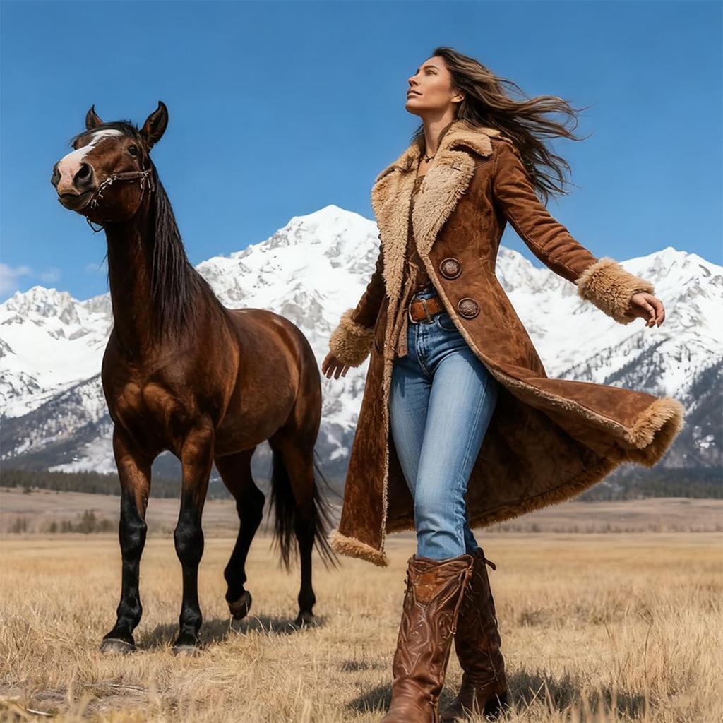 Women's Denim Western Retro Trench Coat, Plush Fashion And Warmth, Fleece Jacket