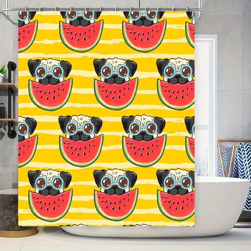 Whimsical Pug Watermelon Shower Curtain for Bathroom Decor Customizable Size Printed with HD Quality Fabric Yellow Series (240cm