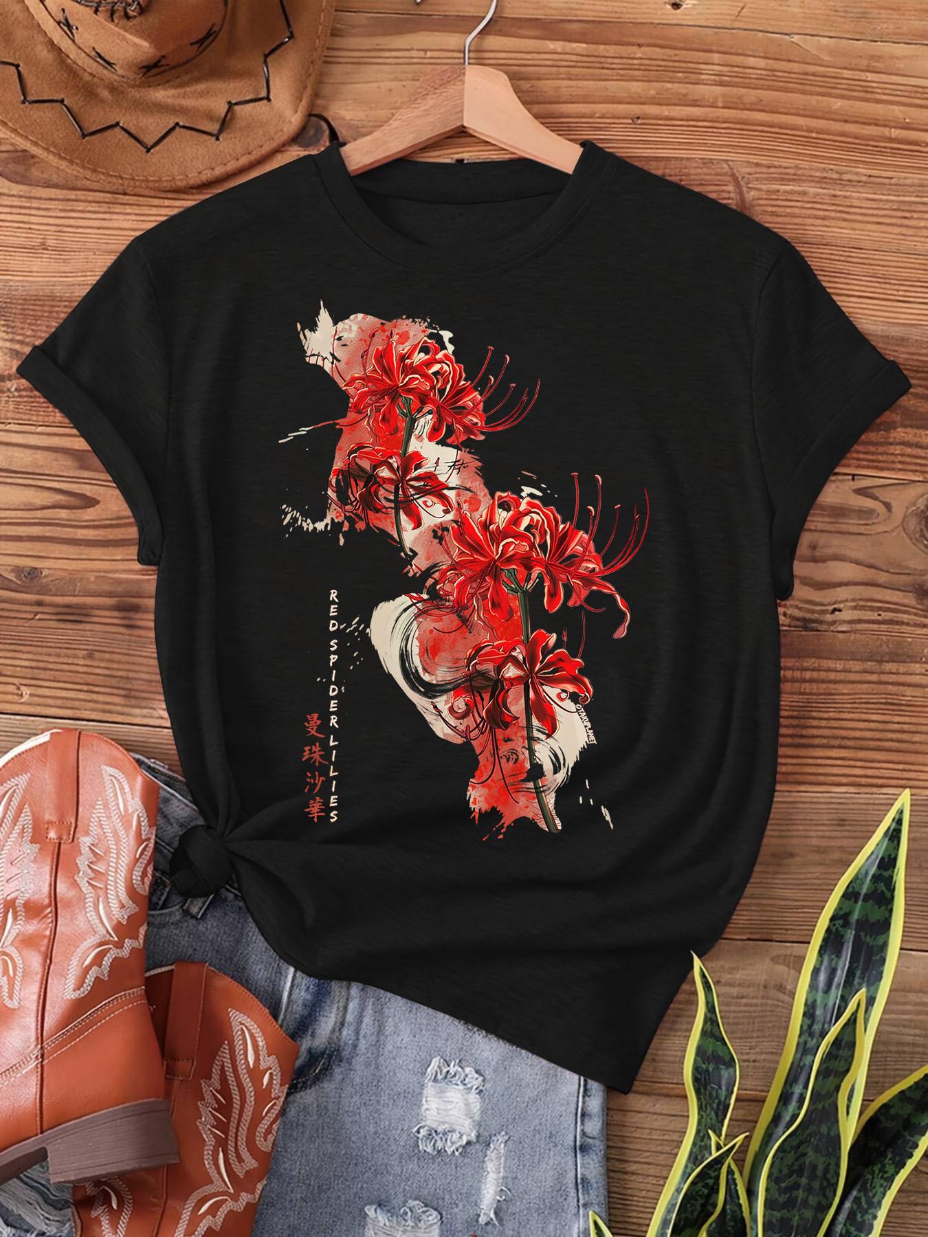 

Retro Spider Lily in Japan Soft Grunge Pastel Goth Aesthetic Print T-shirt, Short Sleeve Crew Neck Casual Top for Summer & Spring, Women s Clothing S разноцветный
