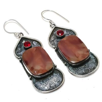 Natural Mookaite, Garnet Gemstone 925 Sterling Silver Earring 2.64" E4h88