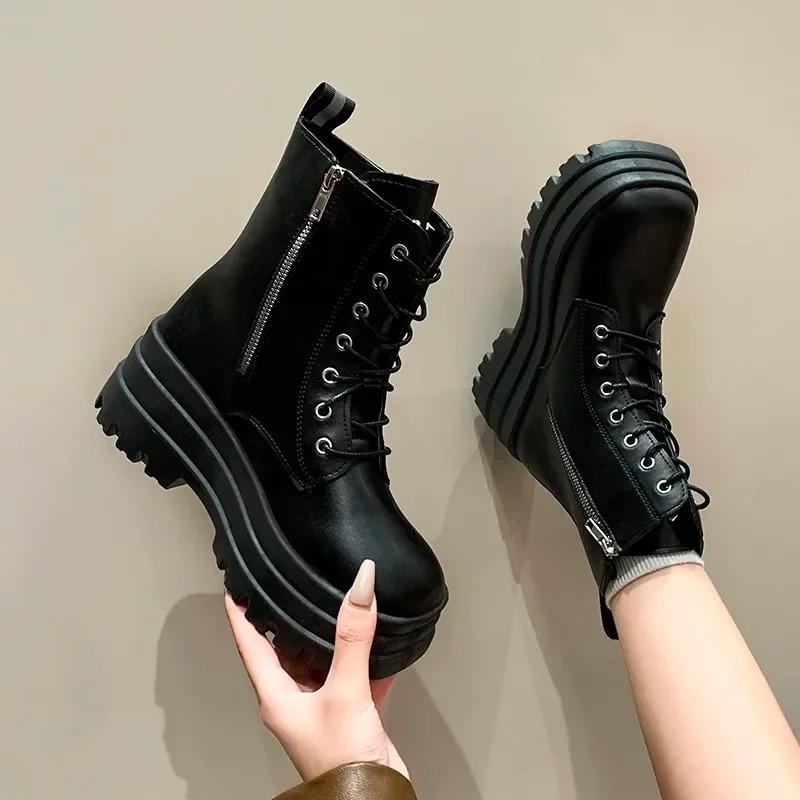 Fashion 2026New Boots for Women Fashion Thick Sole High Heel Boots Lace Up Platform Boot Side Zip Ankle Boot Classic Black Leather Botas