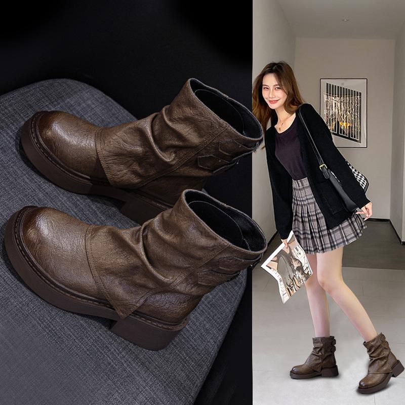 Short boots British style women 2025 new autumn and winter pleated knight boots thick-soled trouser tube boots women's pile student boots