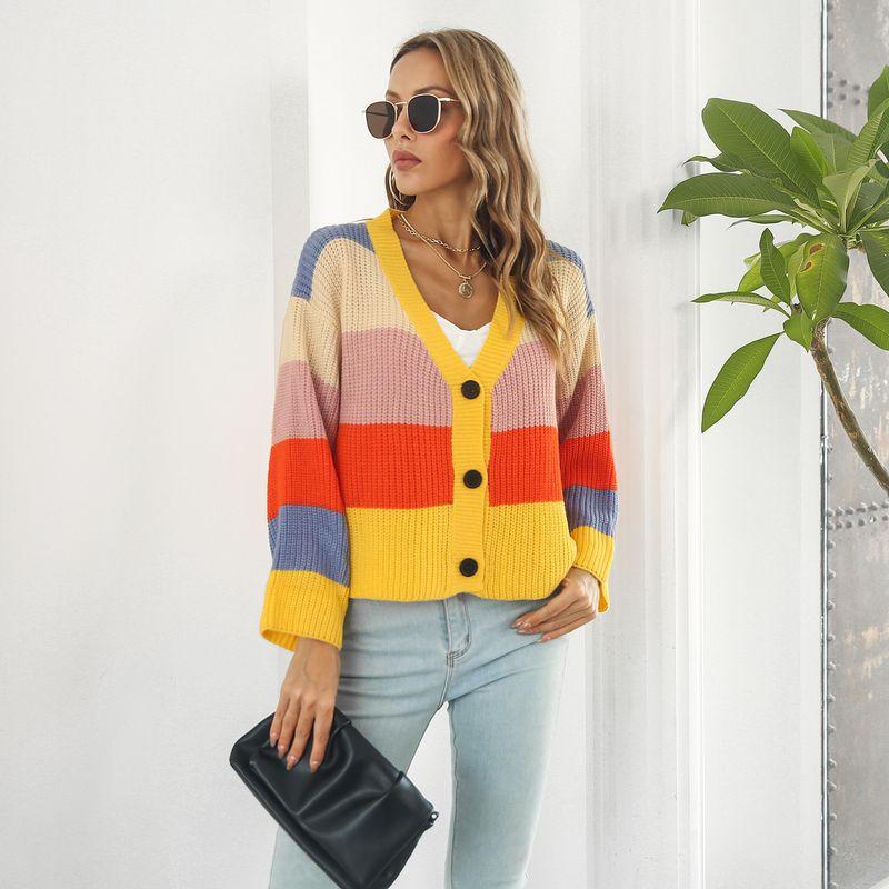 Cross-Border Fashion Fall and Winter New Product V-neck Color-Block Rainbow Cardigan Sweater Loose Short Coat Stripes Long Sleeves Knitwear