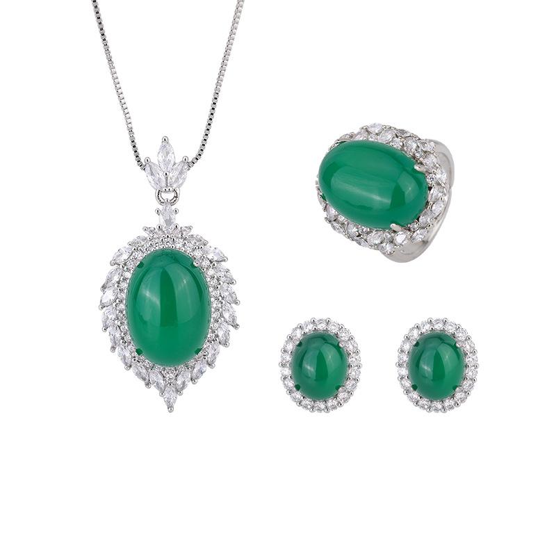 Jewelry Ice Seed Fluorescent Chalcedony Pendant Ring Stud Earrings Geometric Bare Body Jade Pendant Set
