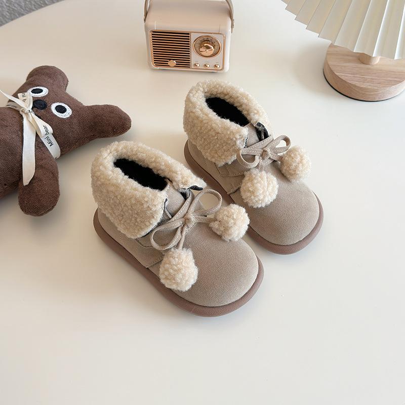 Girls' Korean-style lambswool collared cotton boots, new winter model, soft-soled, fleece-lined, thickened, warm toddler snow boots