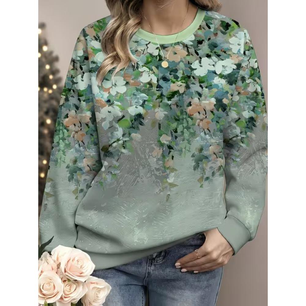 Women's Vintage Floral Print Crew Neck Sweatshirt, Snowflake Long Sleeve Pullover Casual Loose No Hood Sweatshirt