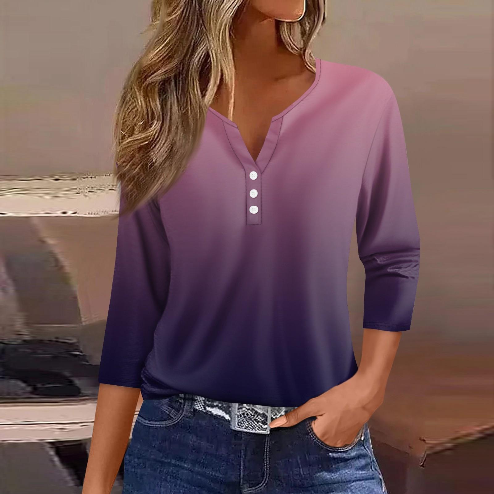 

Жен. Футболка Футболка С принтом Пуговицы Рукав 3/4 Повседневные Выходные Мода Классический Классический V-образный вырез Обычный Верх M фиолетовый