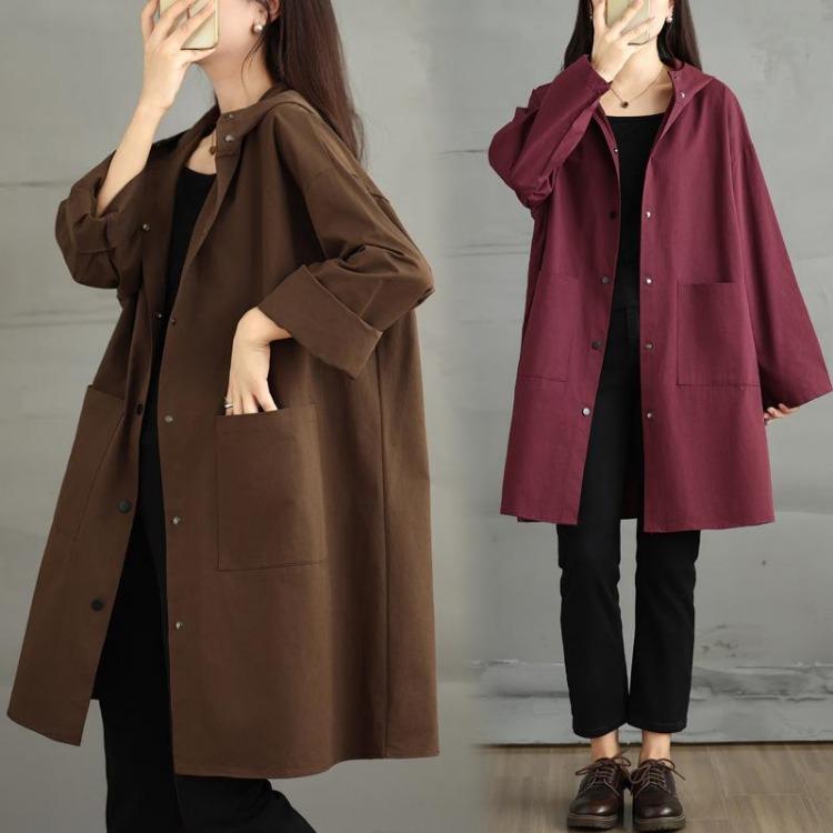 Loose Hooded Casual Trench Coat Long Sleeve Jackets Plus Size Women Autumn Winter Outerwear