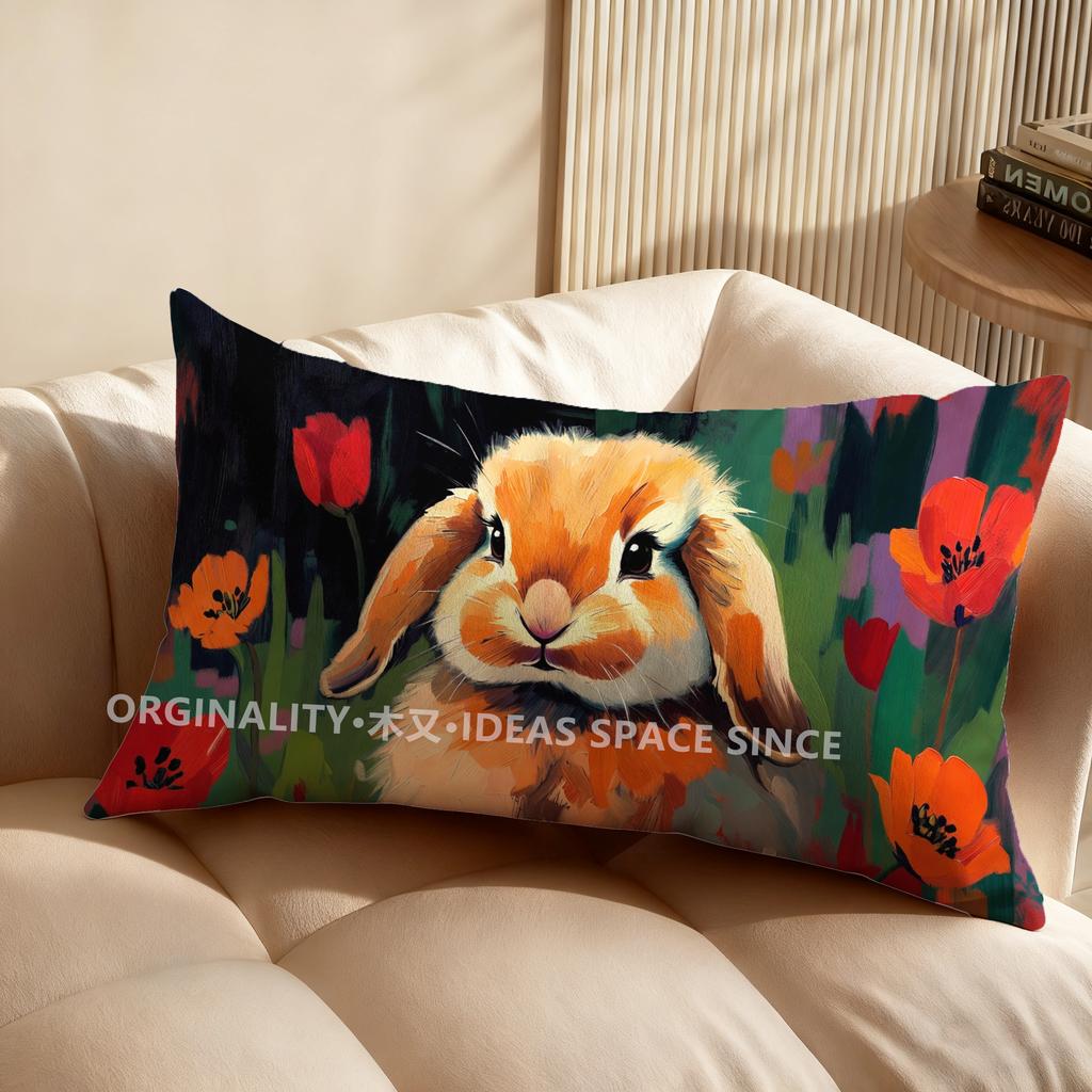 Vintage Bunny Tulip Print Cushion Cover Suitable For Sofa Bedroom Car Pillow Cover Cushion Rectangular Back Cushion