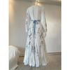 New Spring Summer Ladies Elegant Dress Sexy V-neck Print Long Sleeve Big Swing A-line Holiday Dress Women Maxi Dresses Clothing