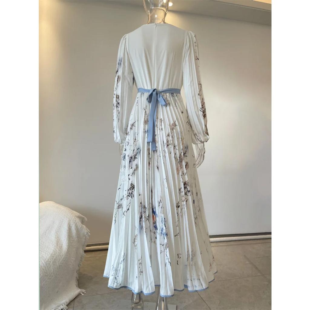 New Spring Summer Ladies Elegant Dress Sexy V-neck Print Long Sleeve Big Swing A-line Holiday Dress Women Maxi Dresses Clothing
