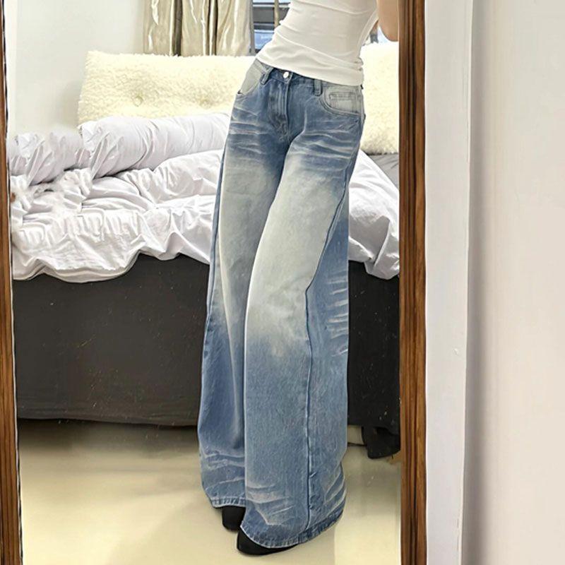 Comfortable Crease Retro Old Done Wide Leg Jeans Women Spring and Summer Loose High Waist Skinny Washed Straight Drag Floor Trousers Long Denim Pants