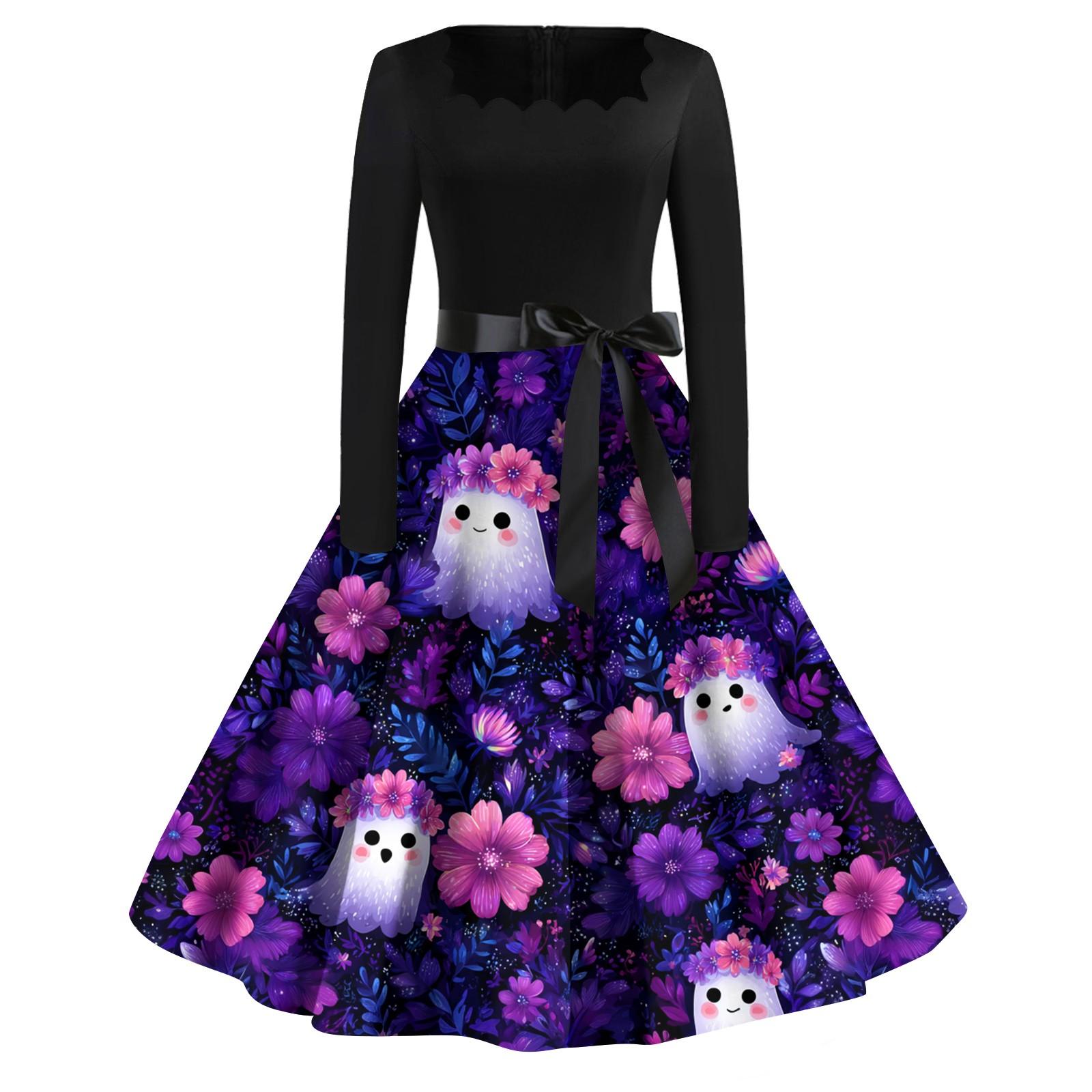 

Женское повседневное модное платье винтажного стиля с квадратным вырезом и принтом на Хэллоуин XXXXL