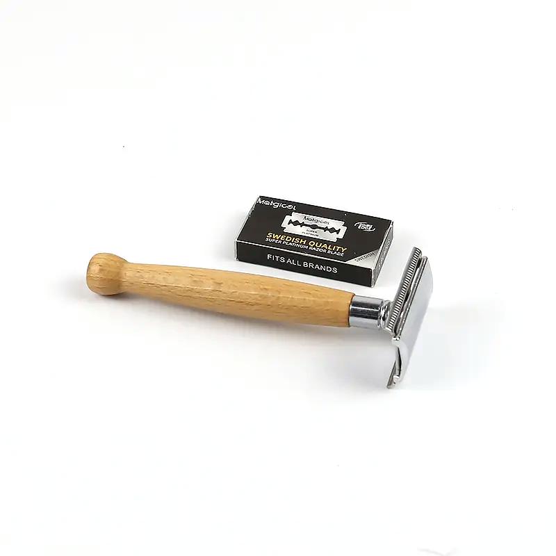 Premium Wooden Handle Safety Razor for Men's Wet Shaving - Includes 5PCS Razor Blades for Optimal Beard and Hair Care